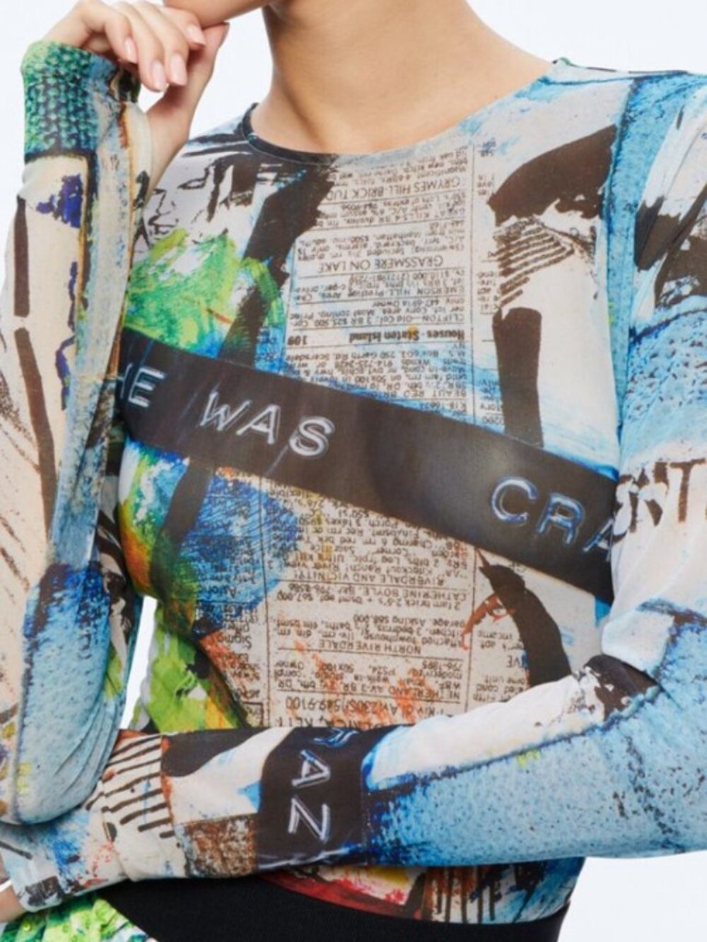Alice + Olivia x Basquiat Delaina Mesh Top Newspaper Confidential Print Small - Picture 2 of 5
